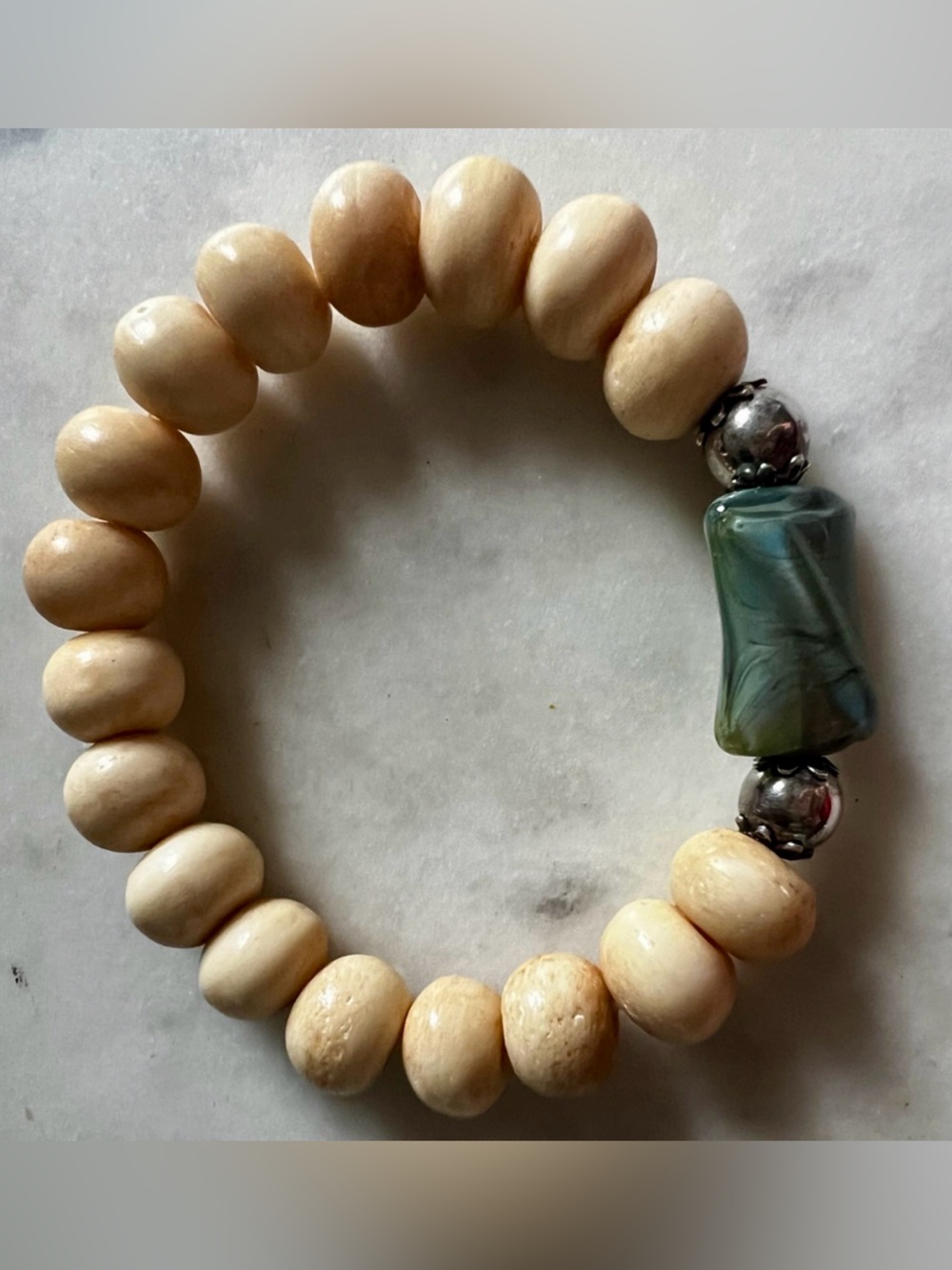 Handcrafted Sterling Silver 925 Beaded Wood Glass Stretch Bracelet Boho Artisan